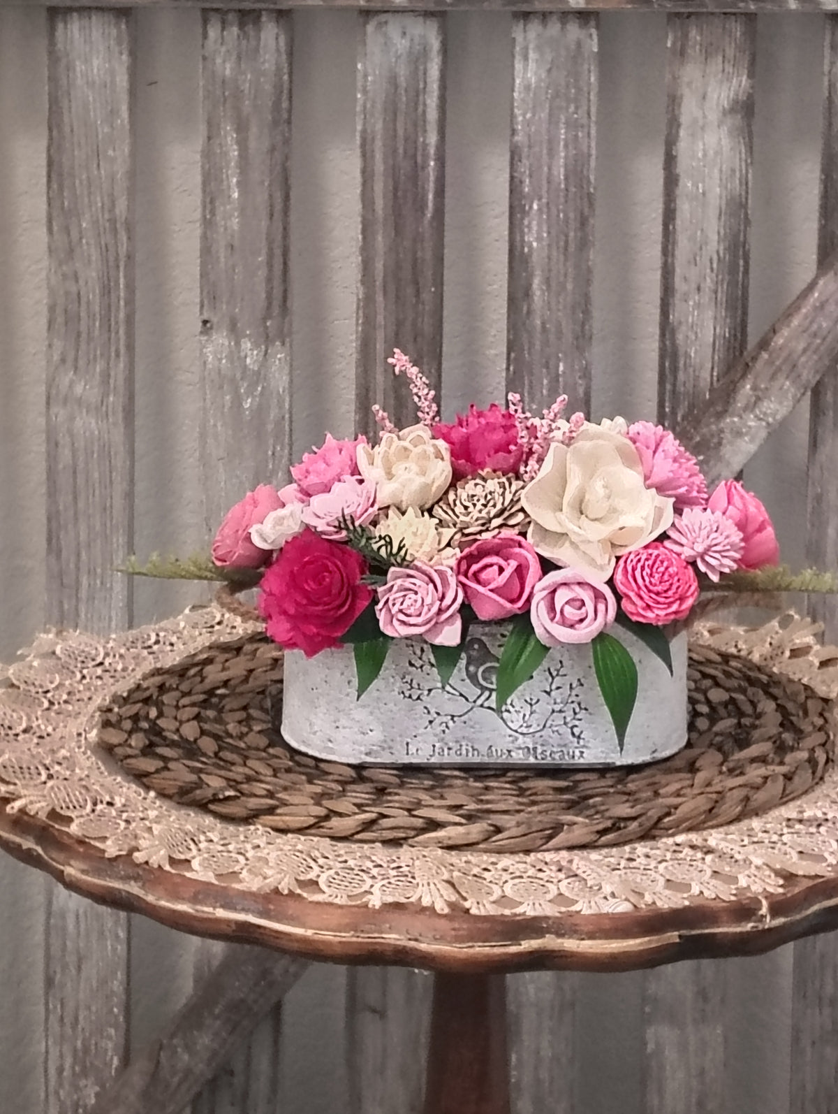 Pink & Ivory Sola Wood Flower Arrangement in White Washed Tin
