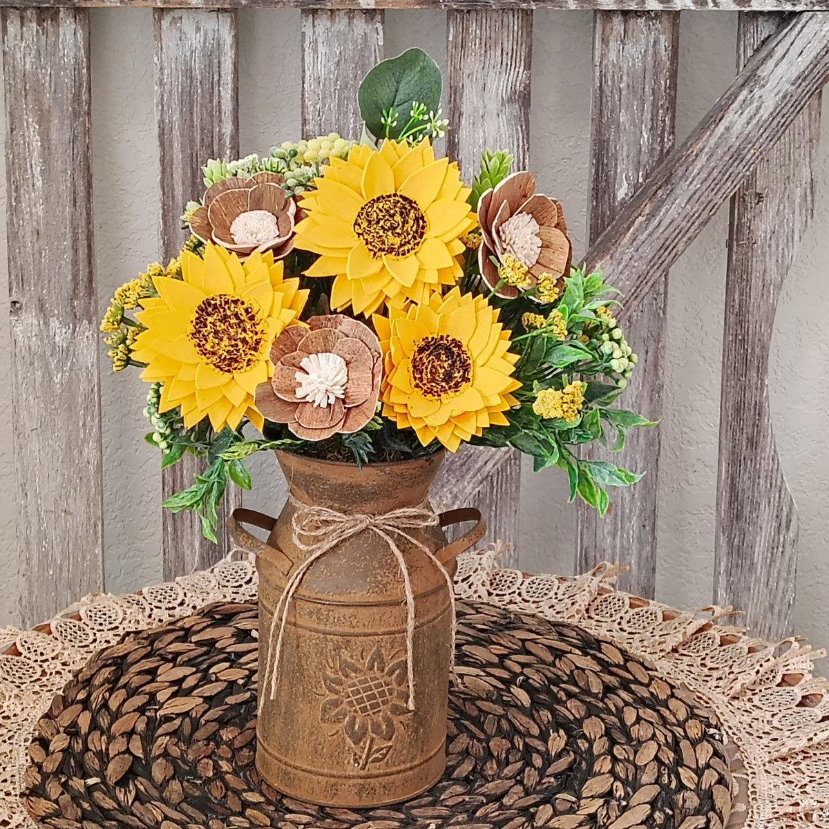 Sunflower Sola Wood Flower Arrangement in Rustic Milk Can