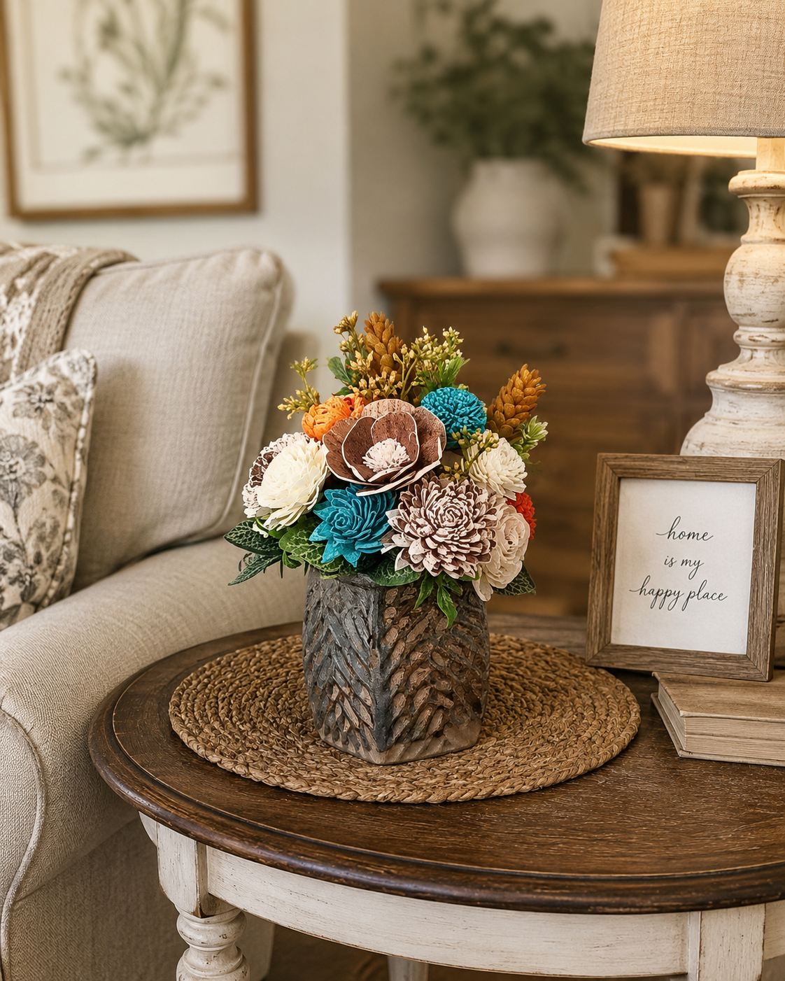 Teal and Orange Sola Wood Flower Arrangement in Textured Vase