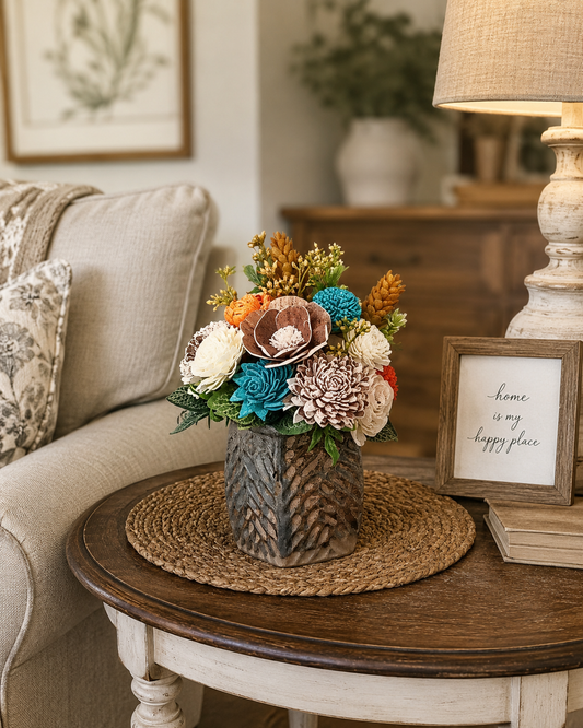 Teal and Orange Sola Wood Flower Arrangement in Textured Vase