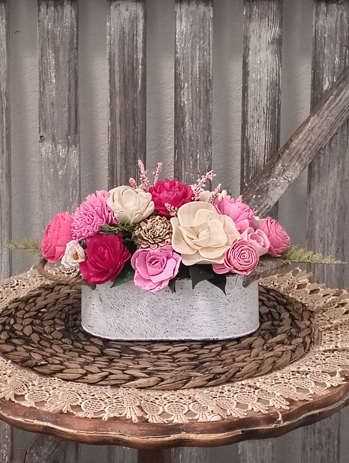 Pink & Ivory Sola Wood Flower Arrangement in White Washed Tin