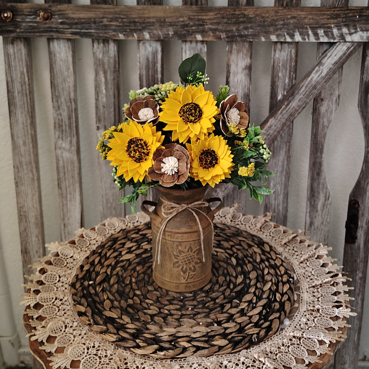 Sunflower Sola Wood Flower Arrangement in Rustic Milk Can