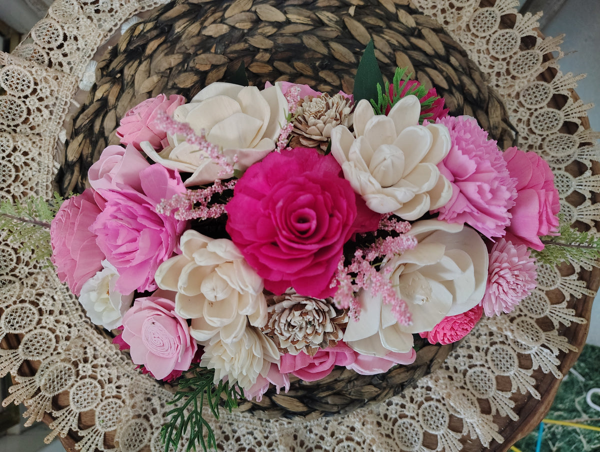 Pink & Ivory Sola Wood Flower Arrangement in White Washed Tin