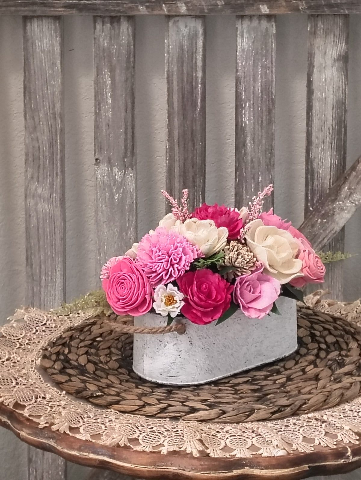 Pink & Ivory Sola Wood Flower Arrangement in White Washed Tin