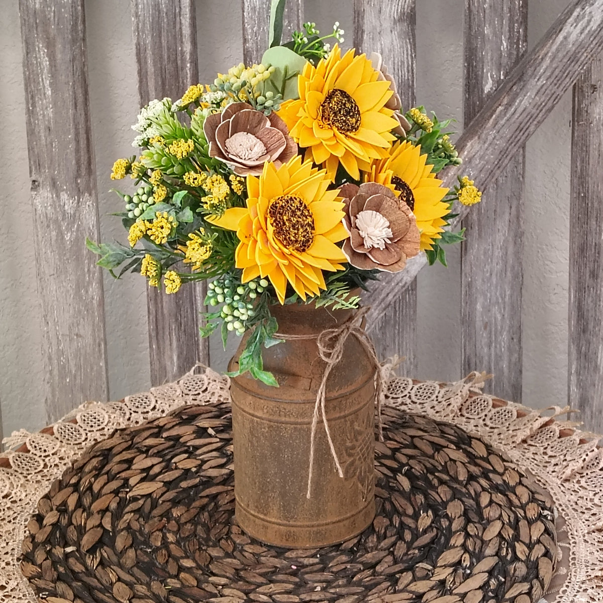 Sunflower Sola Wood Flower Arrangement in Rustic Milk Can