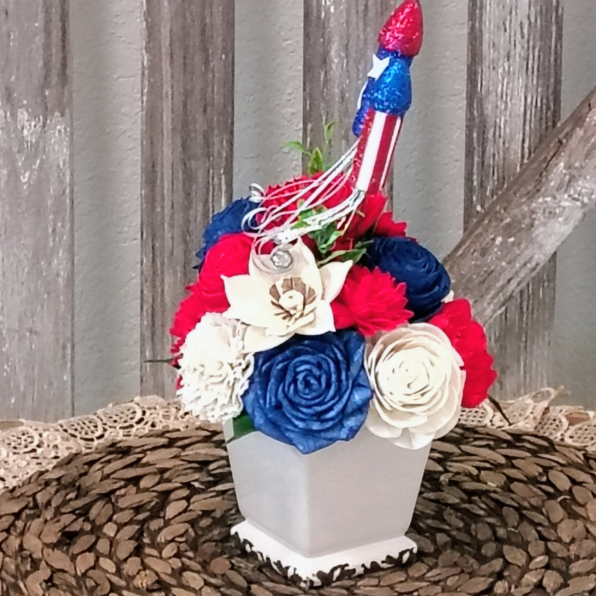 Patriotic Red, White & Blue Sola Wood Flower Arrangement