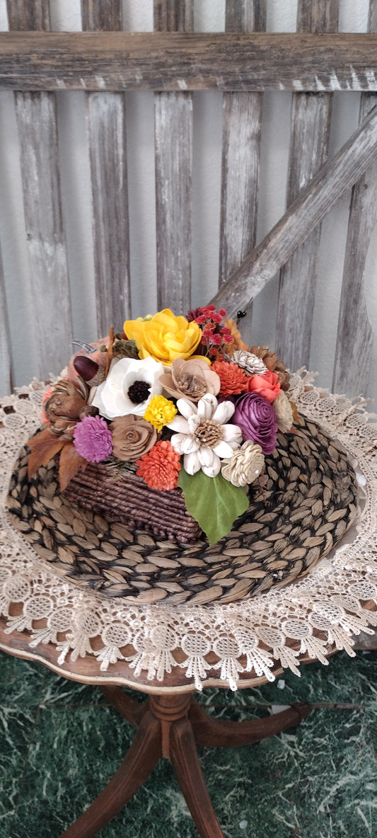 Fall Sola Wood Flower Arrangement with Pumpkin,  Rustic Autumn Centerpiece
