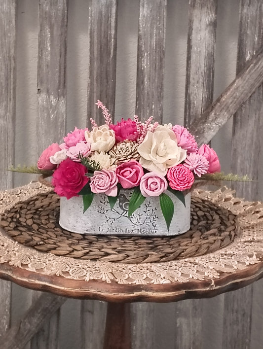 Pink & Ivory Sola Wood Flower Arrangement in White Washed Tin