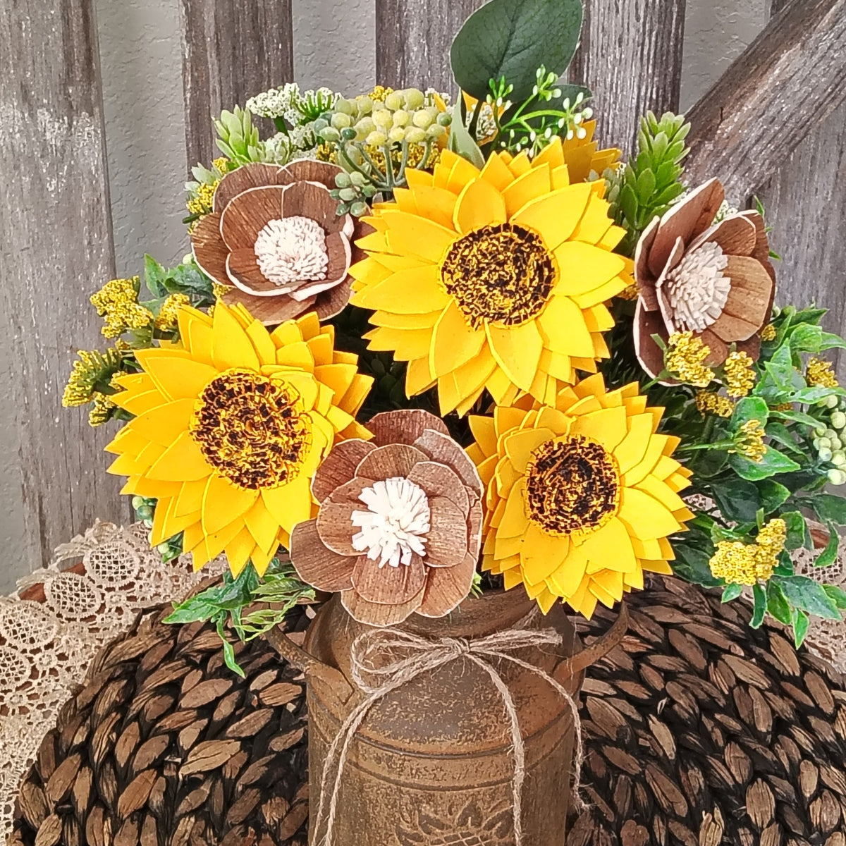 Sunflower Sola Wood Flower Arrangement in Rustic Milk Can