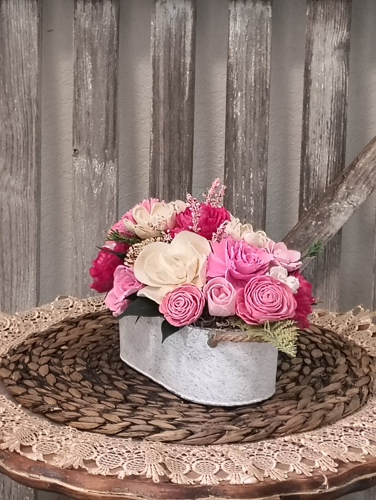Pink & Ivory Sola Wood Flower Arrangement in White Washed Tin