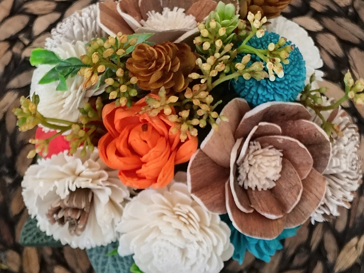 Teal and Orange Sola Wood Flower Arrangement in Textured Vase