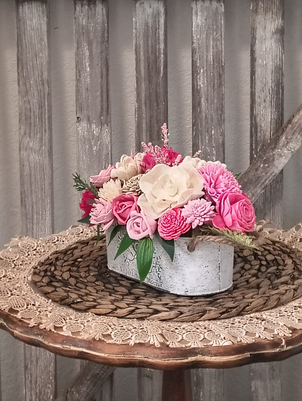 Pink & Ivory Sola Wood Flower Arrangement in White Washed Tin