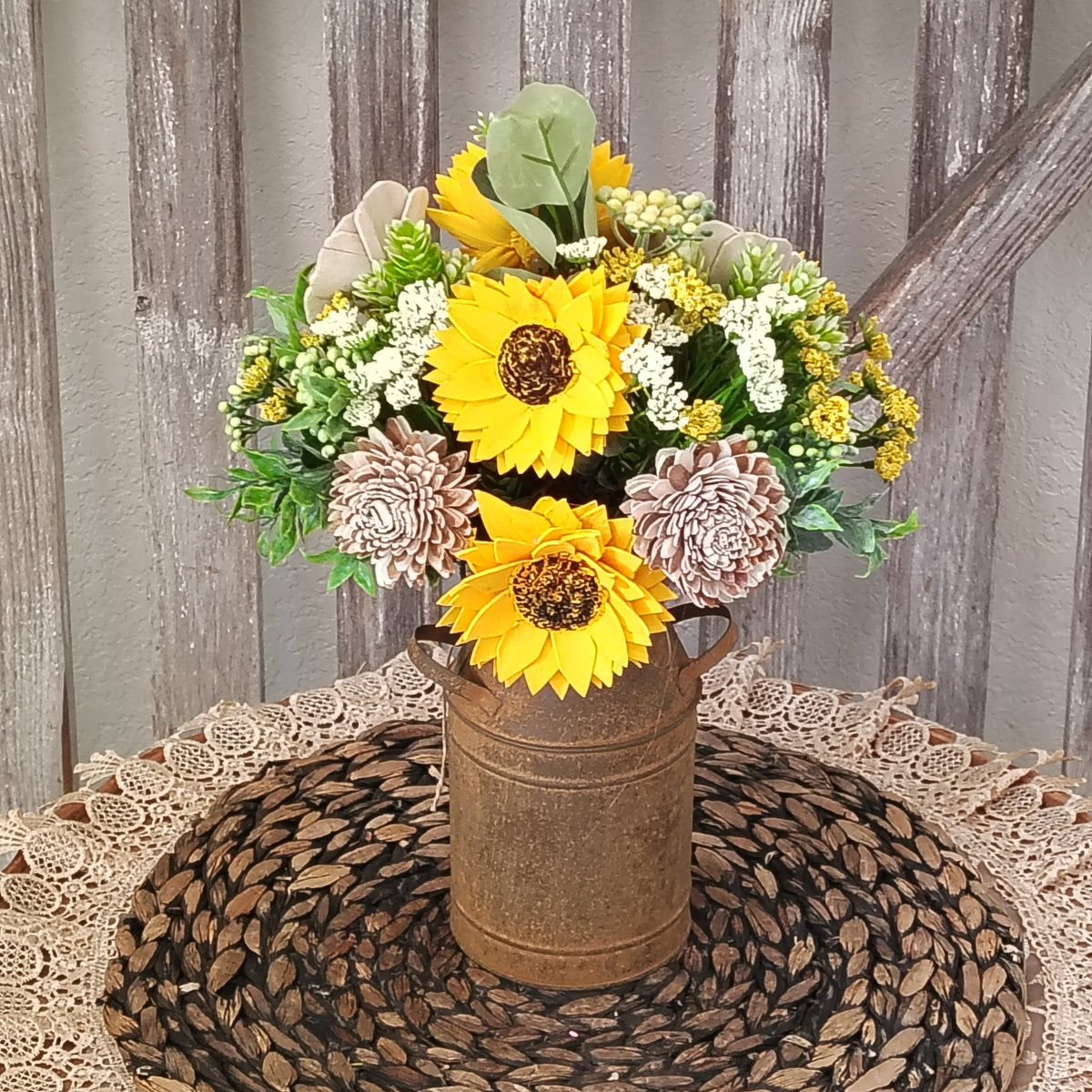 Sunflower Sola Wood Flower Arrangement in Rustic Milk Can