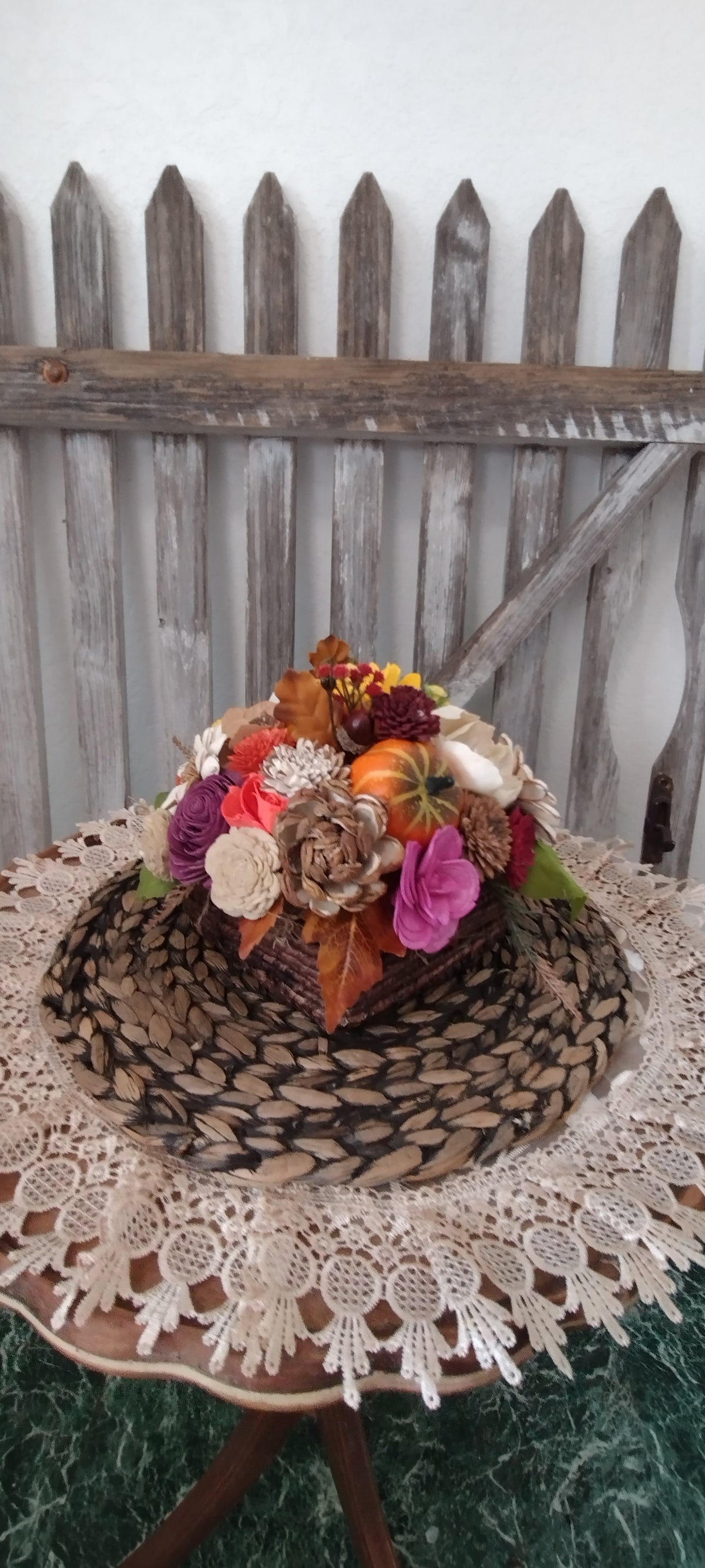 Fall Sola Wood Flower Arrangement with Pumpkin,  Rustic Autumn Centerpiece