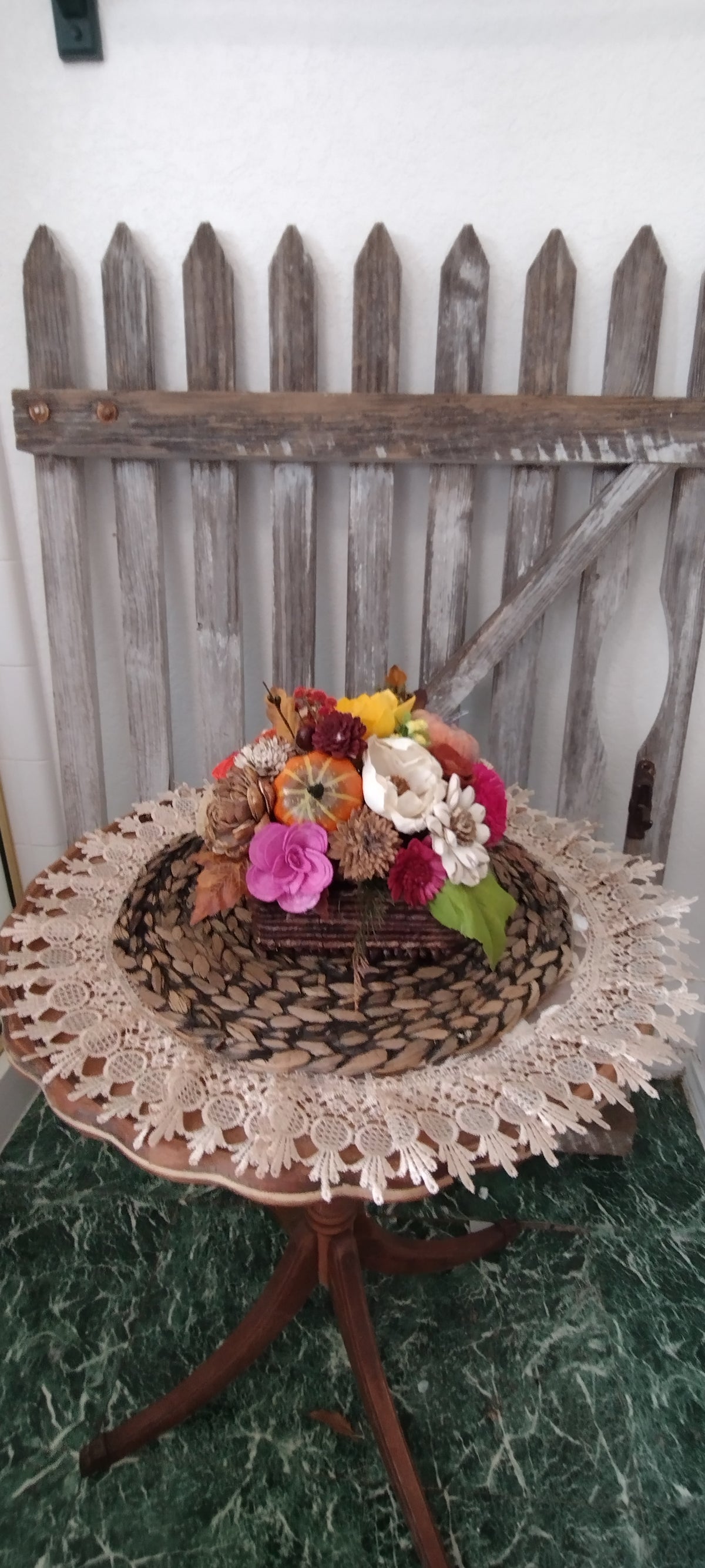 Fall Sola Wood Flower Arrangement with Pumpkin,  Rustic Autumn Centerpiece