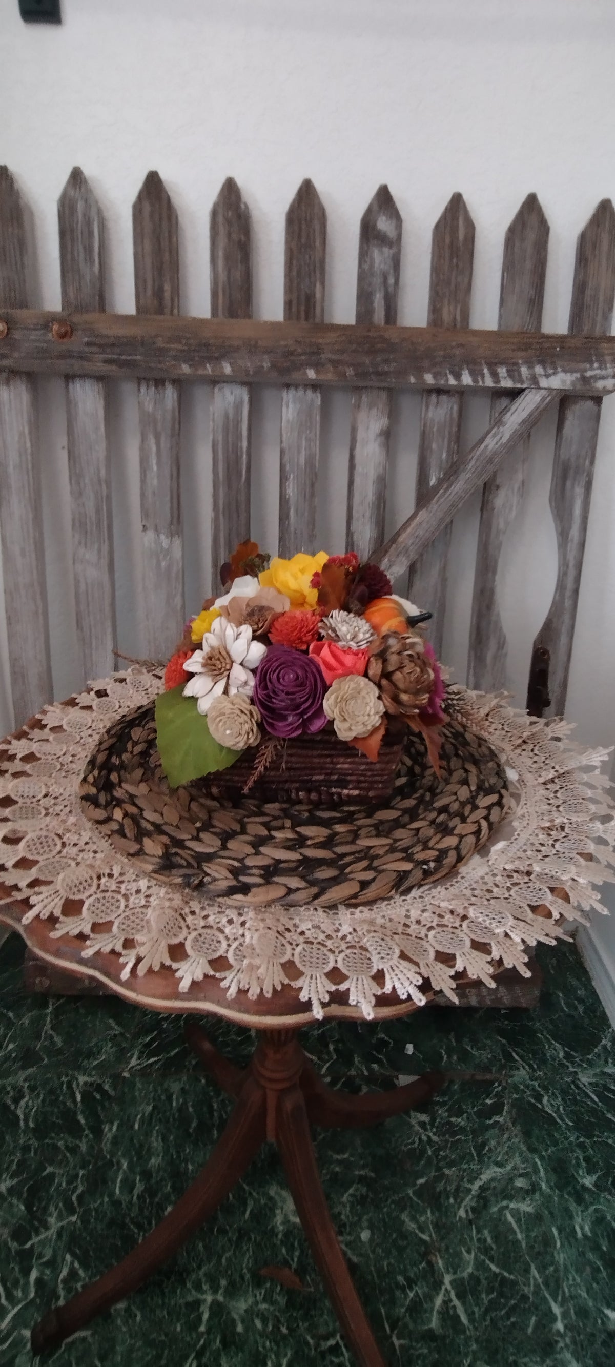 Fall Sola Wood Flower Arrangement with Pumpkin,  Rustic Autumn Centerpiece