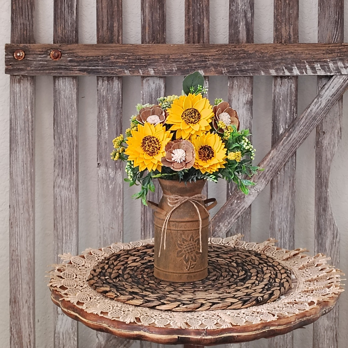 Sunflower Sola Wood Flower Arrangement in Rustic Milk Can