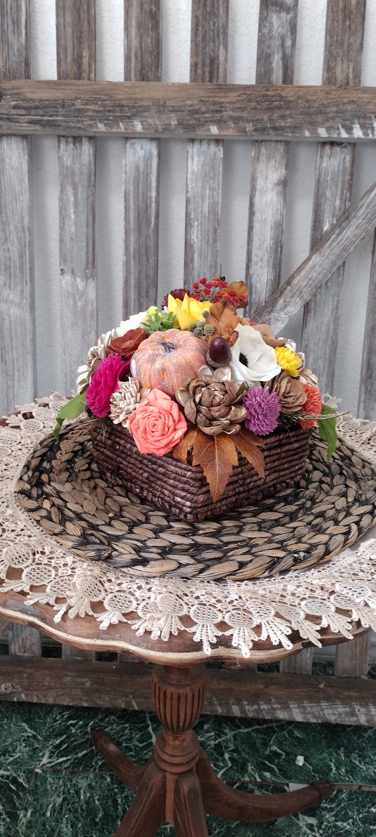 Fall Sola Wood Flower Arrangement with Pumpkin,  Rustic Autumn Centerpiece