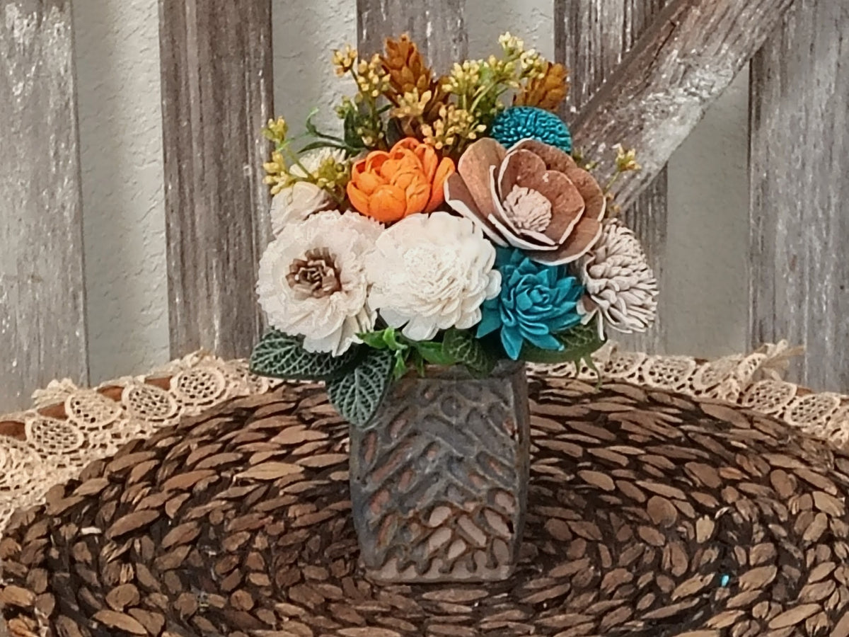 Teal and Orange Sola Wood Flower Arrangement in Textured Vase