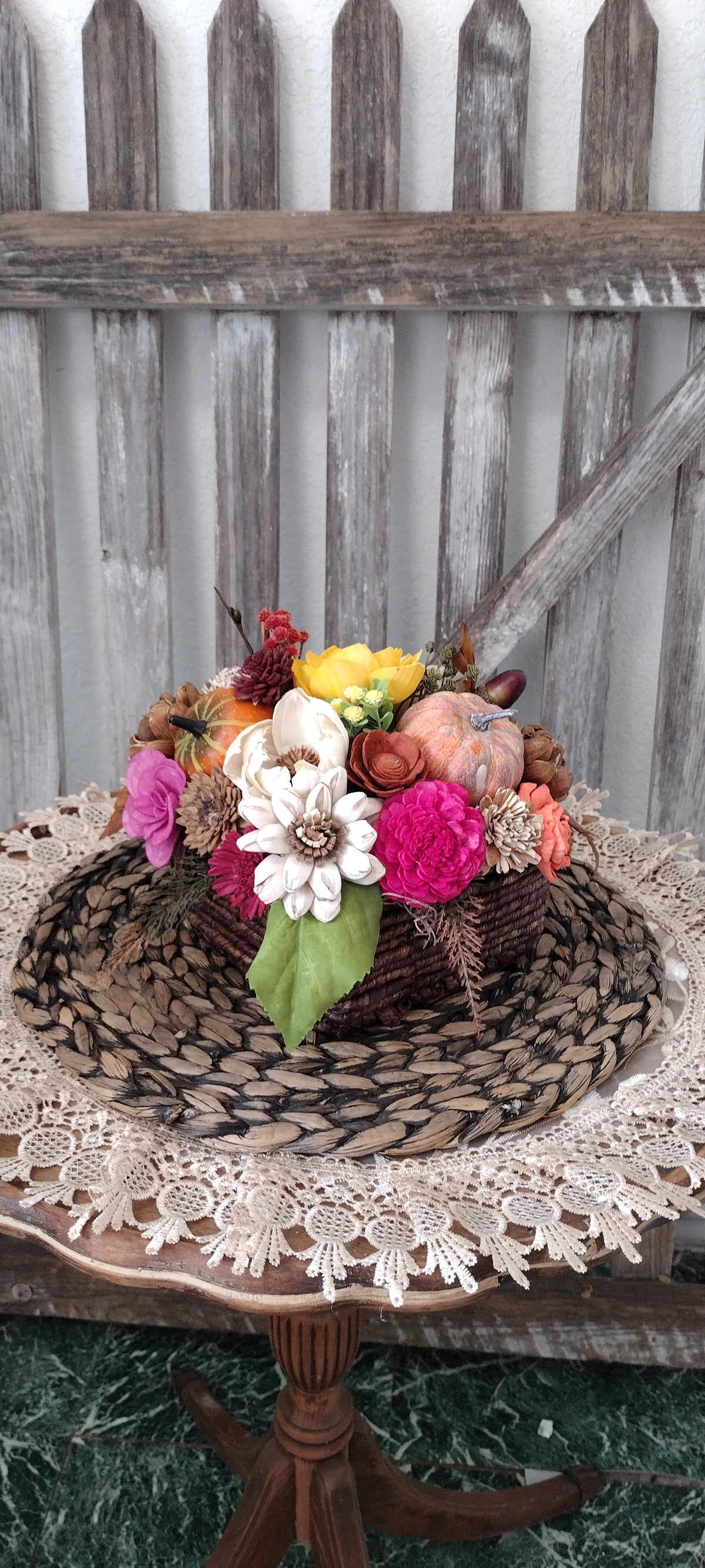 Fall Sola Wood Flower Arrangement with Pumpkin,  Rustic Autumn Centerpiece