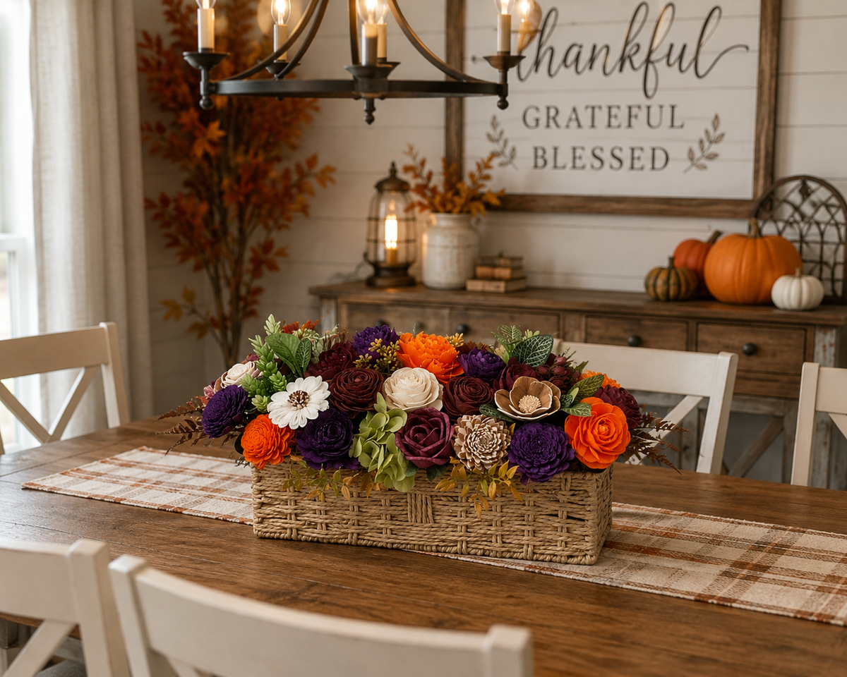 Fall Sola Wood Flower Centerpiece in Woven Basket