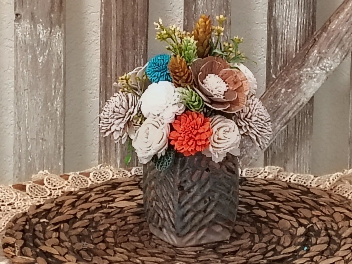 Teal and Orange Sola Wood Flower Arrangement in Textured Vase
