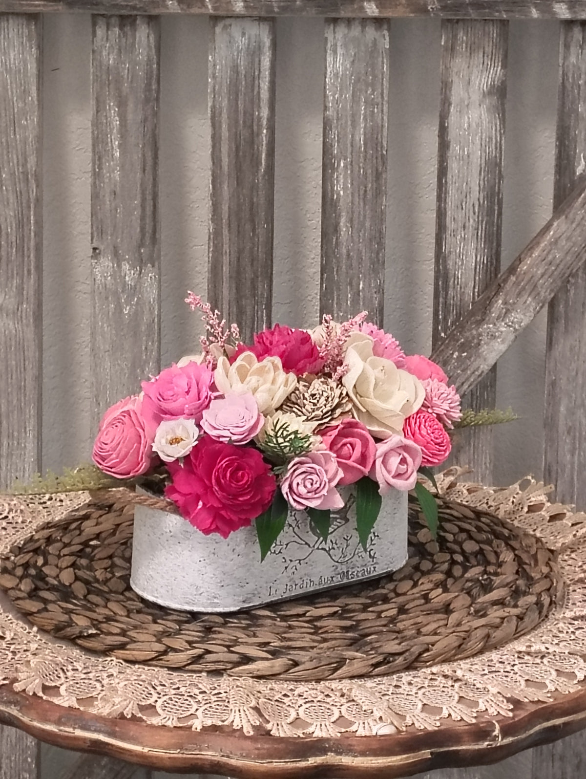 Pink & Ivory Sola Wood Flower Arrangement in White Washed Tin