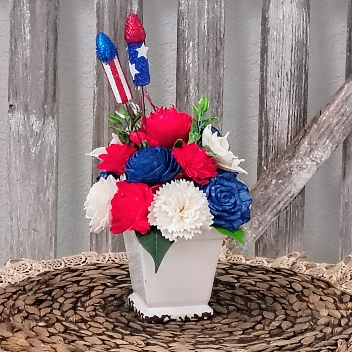 Patriotic Red, White & Blue Sola Wood Flower Arrangement