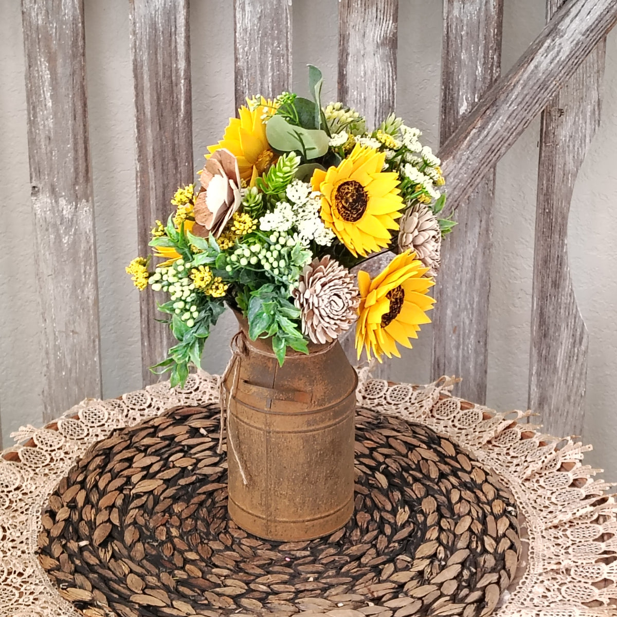 Sunflower Sola Wood Flower Arrangement in Rustic Milk Can