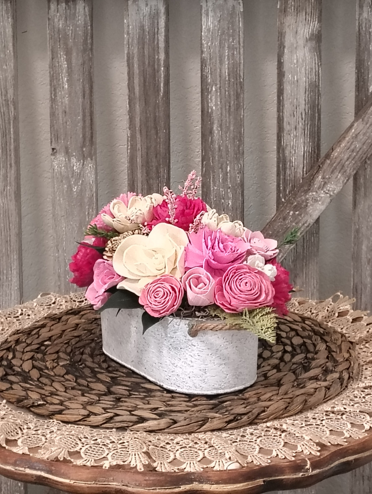 Pink & Ivory Sola Wood Flower Arrangement in White Washed Tin