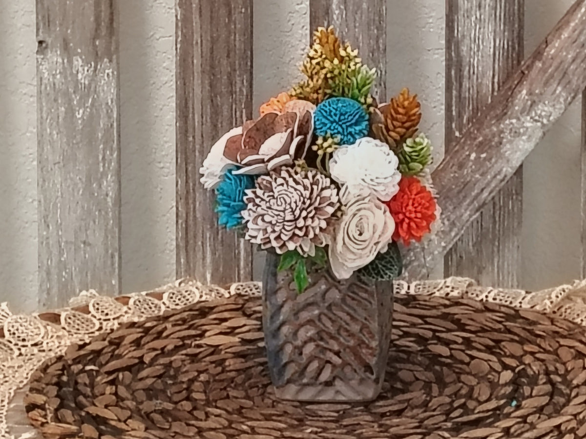 Teal and Orange Sola Wood Flower Arrangement in Textured Vase