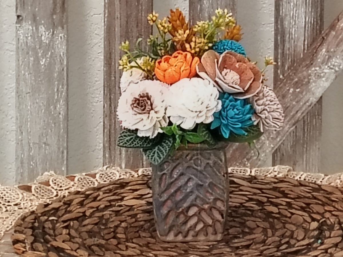 Teal and Orange Sola Wood Flower Arrangement in Textured Vase