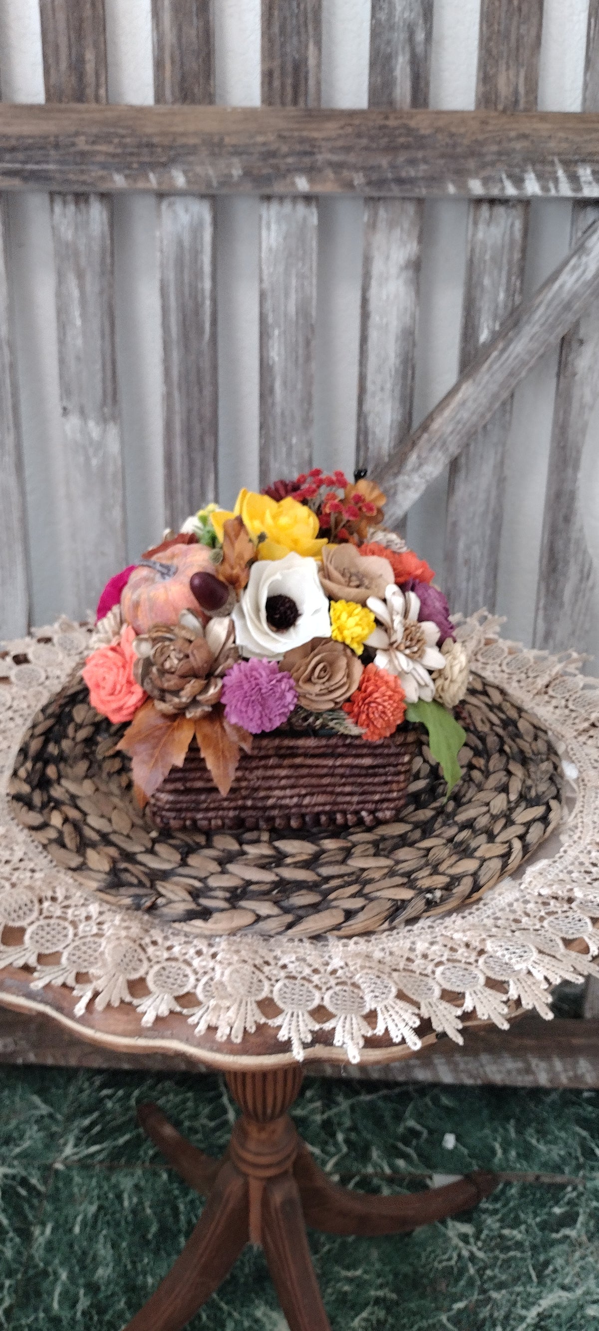Fall Sola Wood Flower Arrangement with Pumpkin,  Rustic Autumn Centerpiece