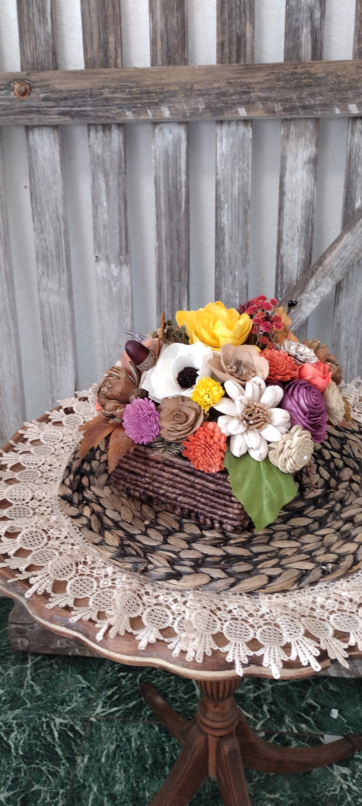 Fall Sola Wood Flower Arrangement with Pumpkin,  Rustic Autumn Centerpiece