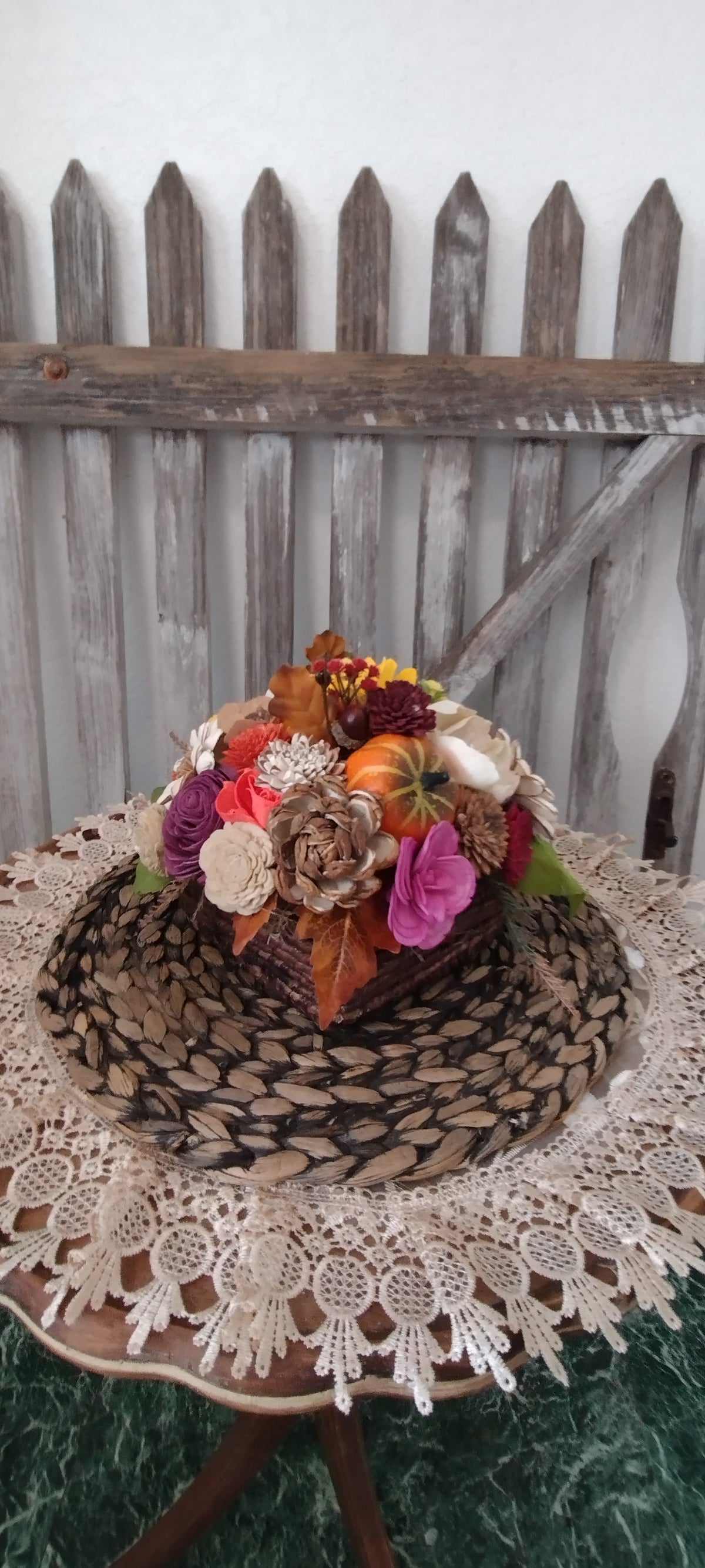 Fall Sola Wood Flower Arrangement with Pumpkin,  Rustic Autumn Centerpiece